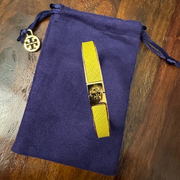 Tory Burch- Sunshine Yellow Leather Inlay Logo Clasp Bracelet in Gold, 1/2”width - Picture 2 of 2